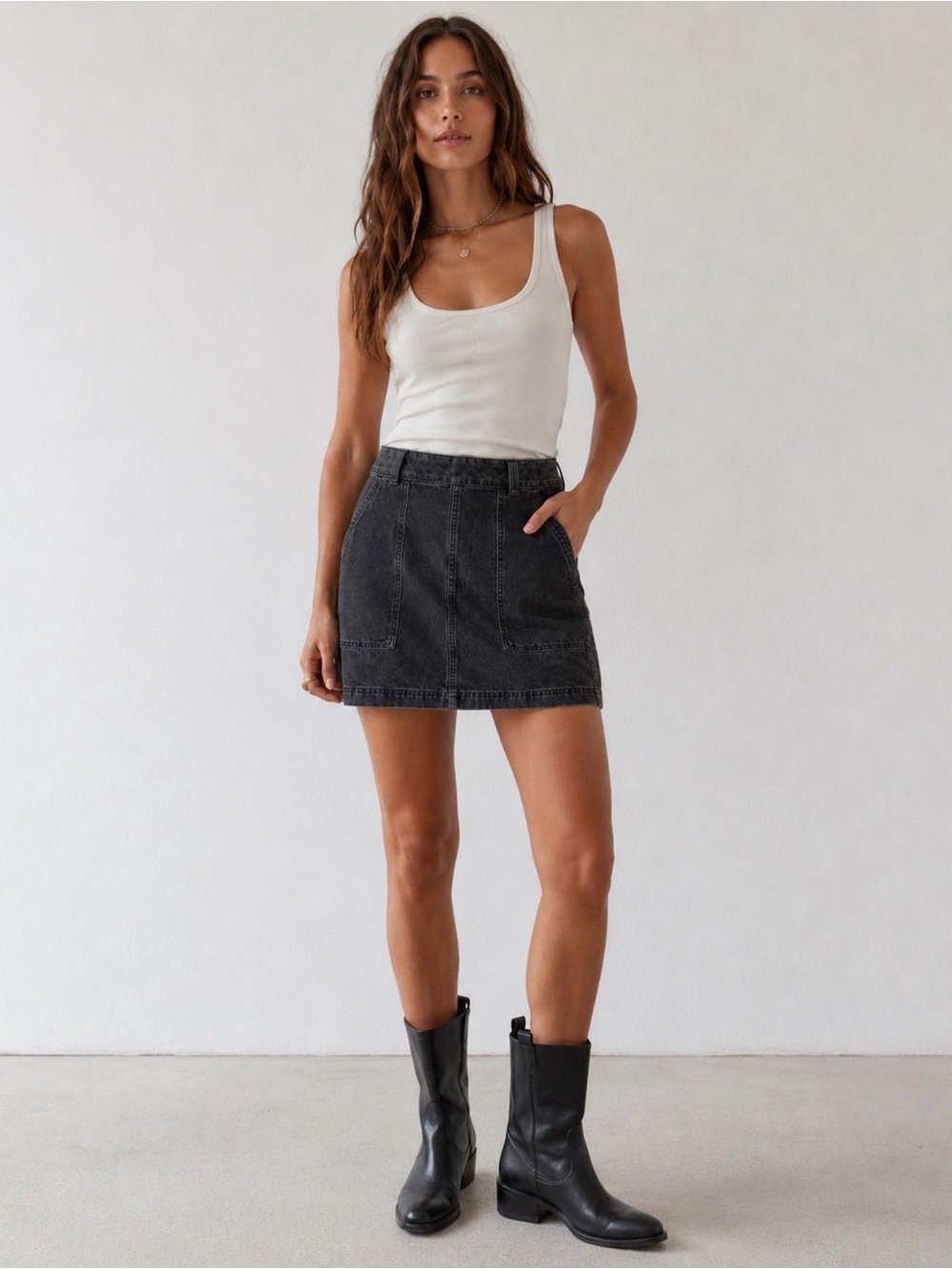 Free People Utility Mini Skirt in a vintage black dark gray wash 4